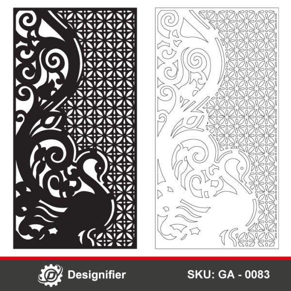 Swan Scrolls Geometric Door DXF GA0083 is perfect for laser cutting or CNC projects like metal doors, wall panels, window panels, or room dividers